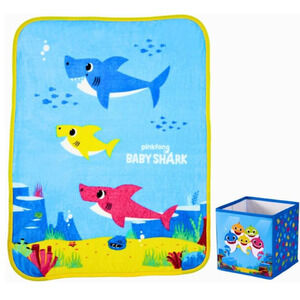 Baby Shark Kids Bedding Plush Throw and Canvas Storage Cube Bin 2pc Set NWT